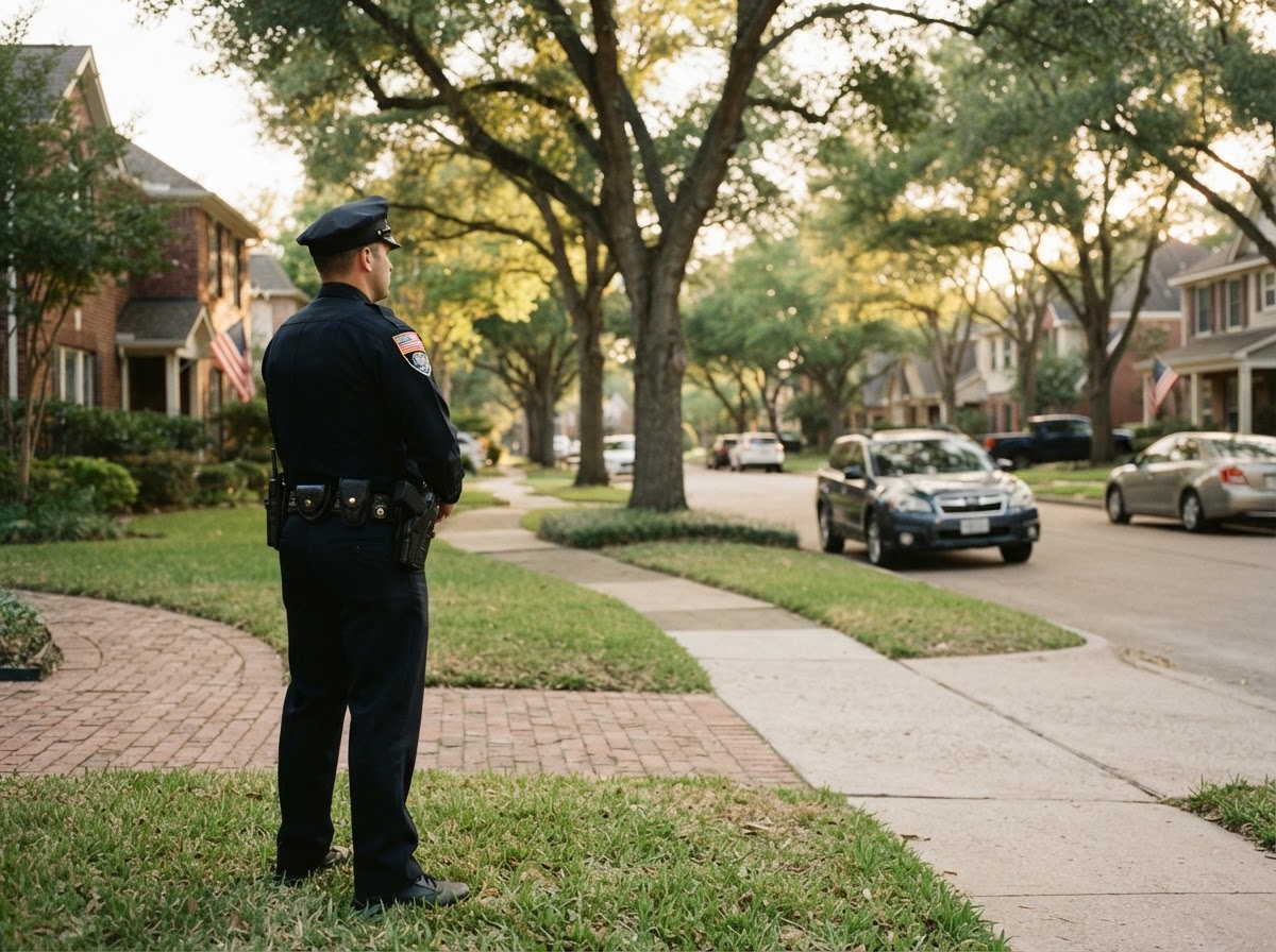 Police officer in a suburban neighborhood representing public safety