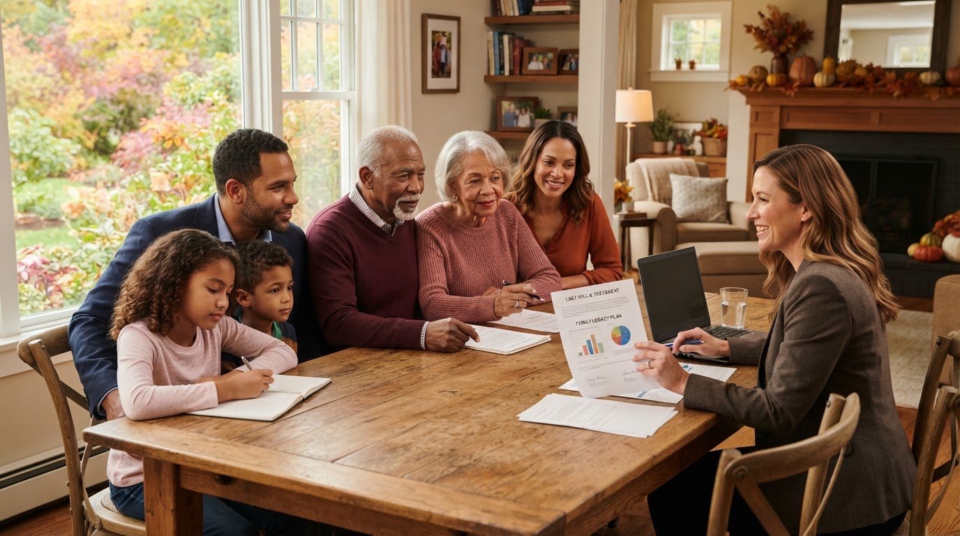 Multi-generational ethnic family reviewing estate planning documents together with a financial advisor, symbolizing legacy and asset protection