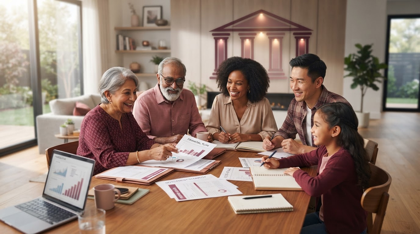 Multi-generational ethnic family reviewing financial planning documents together