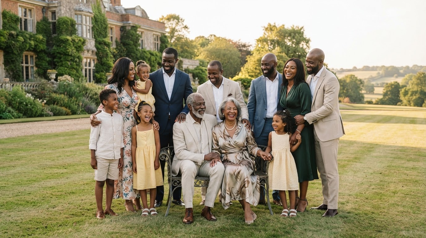 Multi-generational ethnic family representing legacy and generational wealth