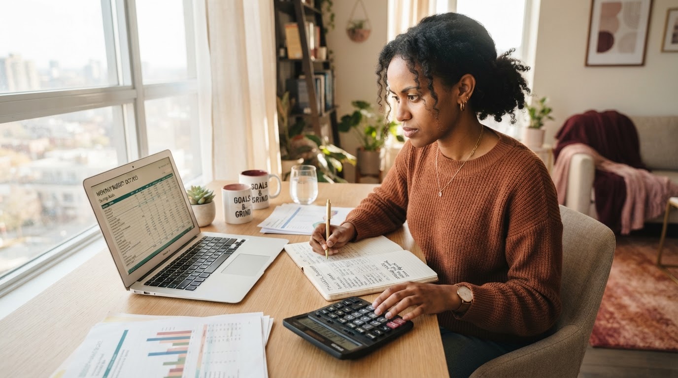 Young ethnic woman reviewing a household budget and savings plan at a modern desk