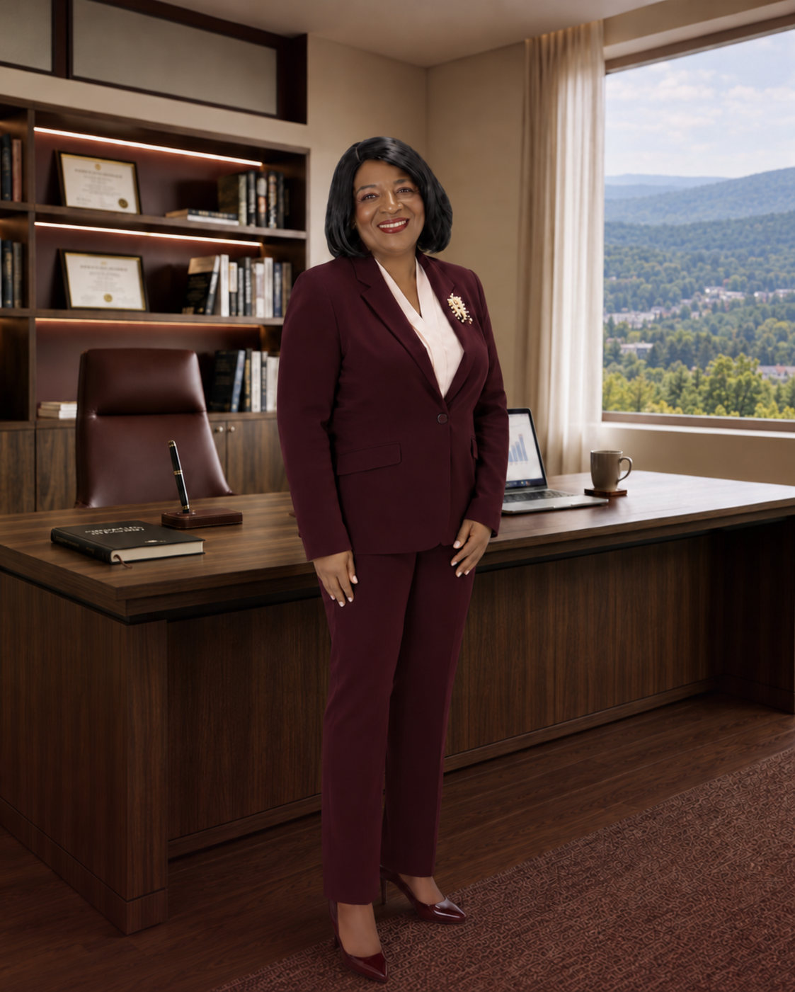 Nichola Ingram in her executive office with scenic Mount Pocono mountain views
