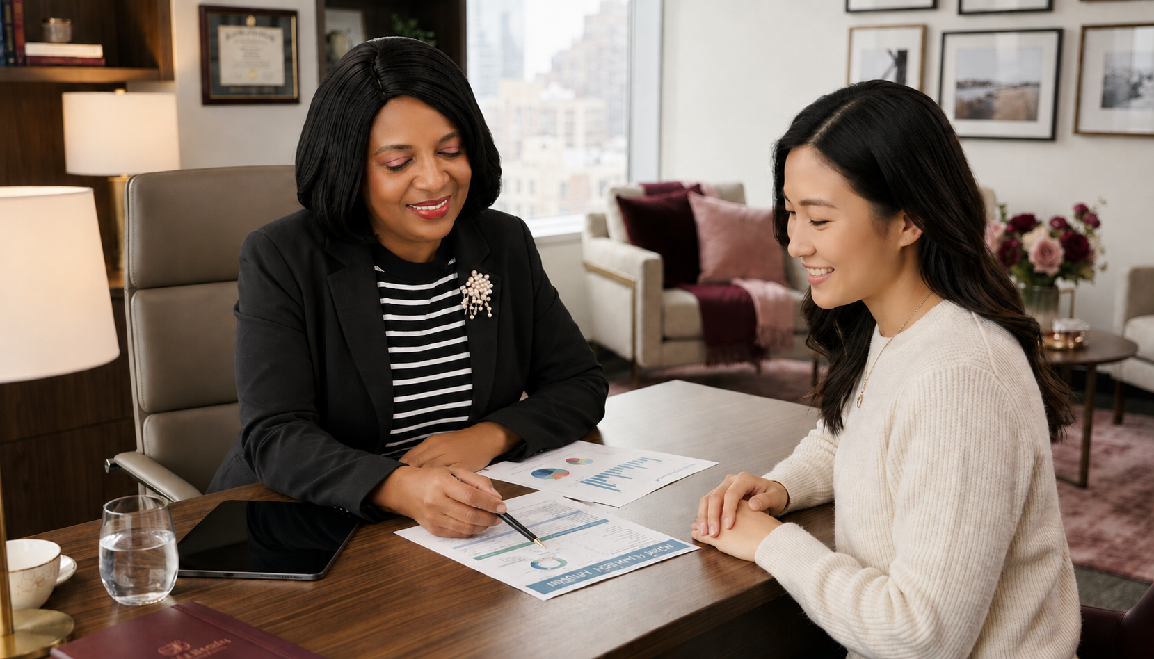 Nichola Ingram meeting with a client to review a financial plan