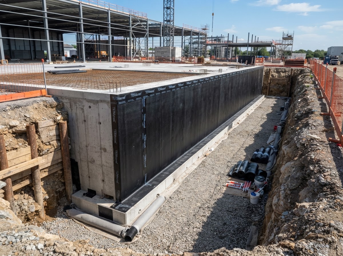 Commercial foundation waterproofing membrane installation on industrial building