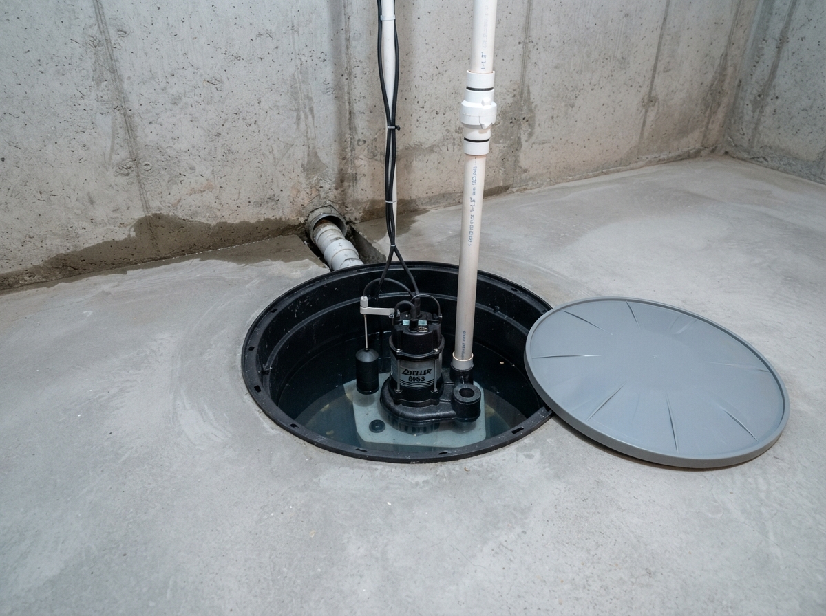 Sump pit basin installed in basement floor with pump