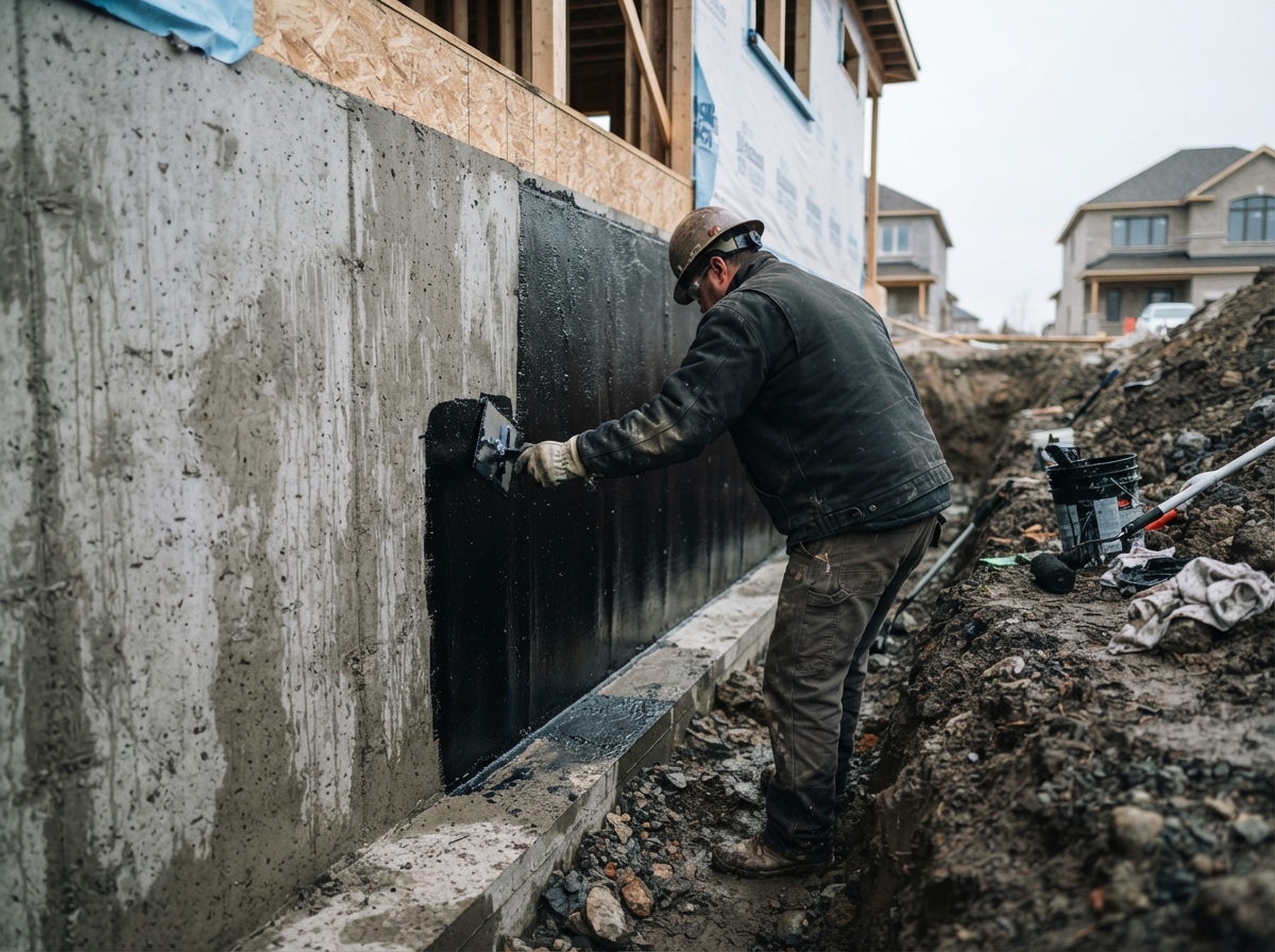 Rubberized waterproof membrane applied to excavated foundation wall