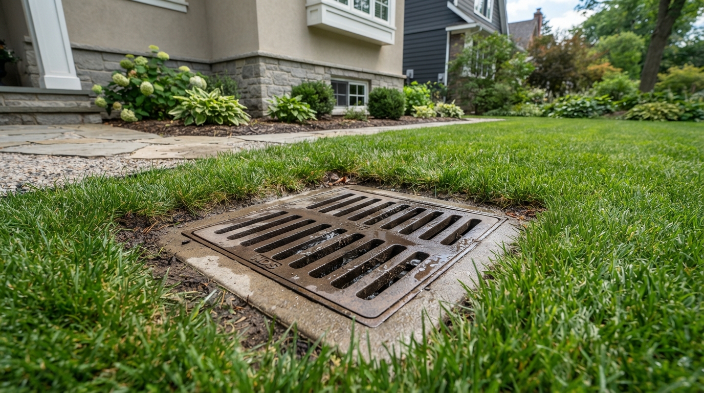 Underground catch basin storm drain installed in lawn yard