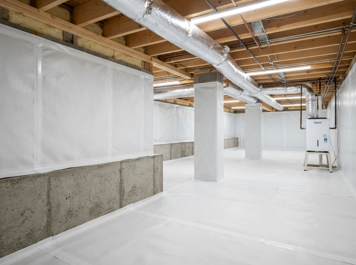 Complete crawl space encapsulation with white liner