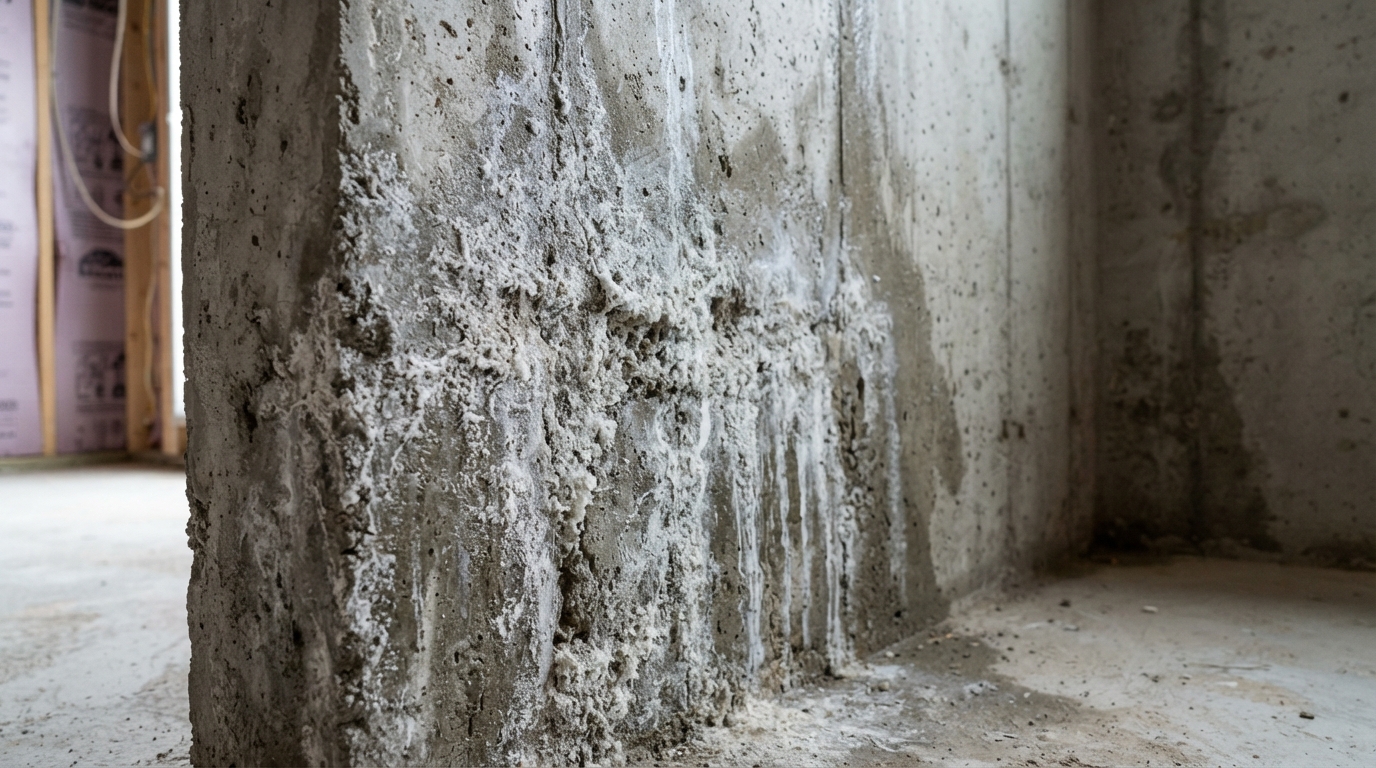 White efflorescence on concrete basement wall