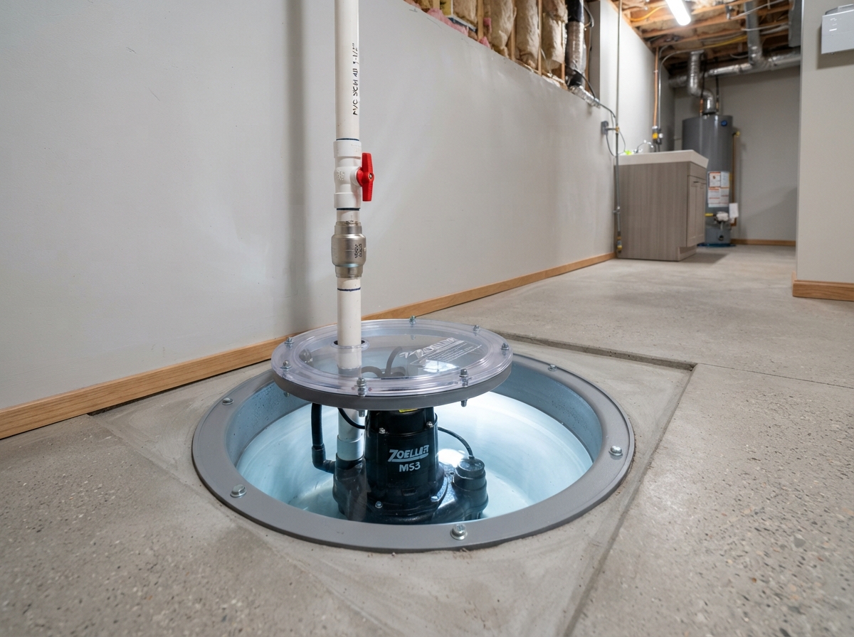 Sump pump system inside a basement sump pit with discharge pipe
