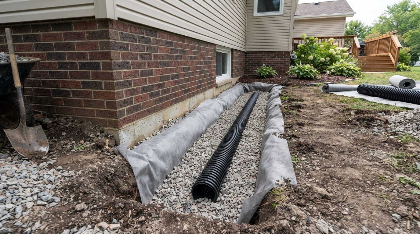 French drain pipe and stone trench installation near foundation