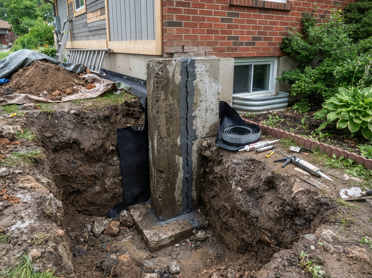 Exterior crack repair on excavated foundation wall