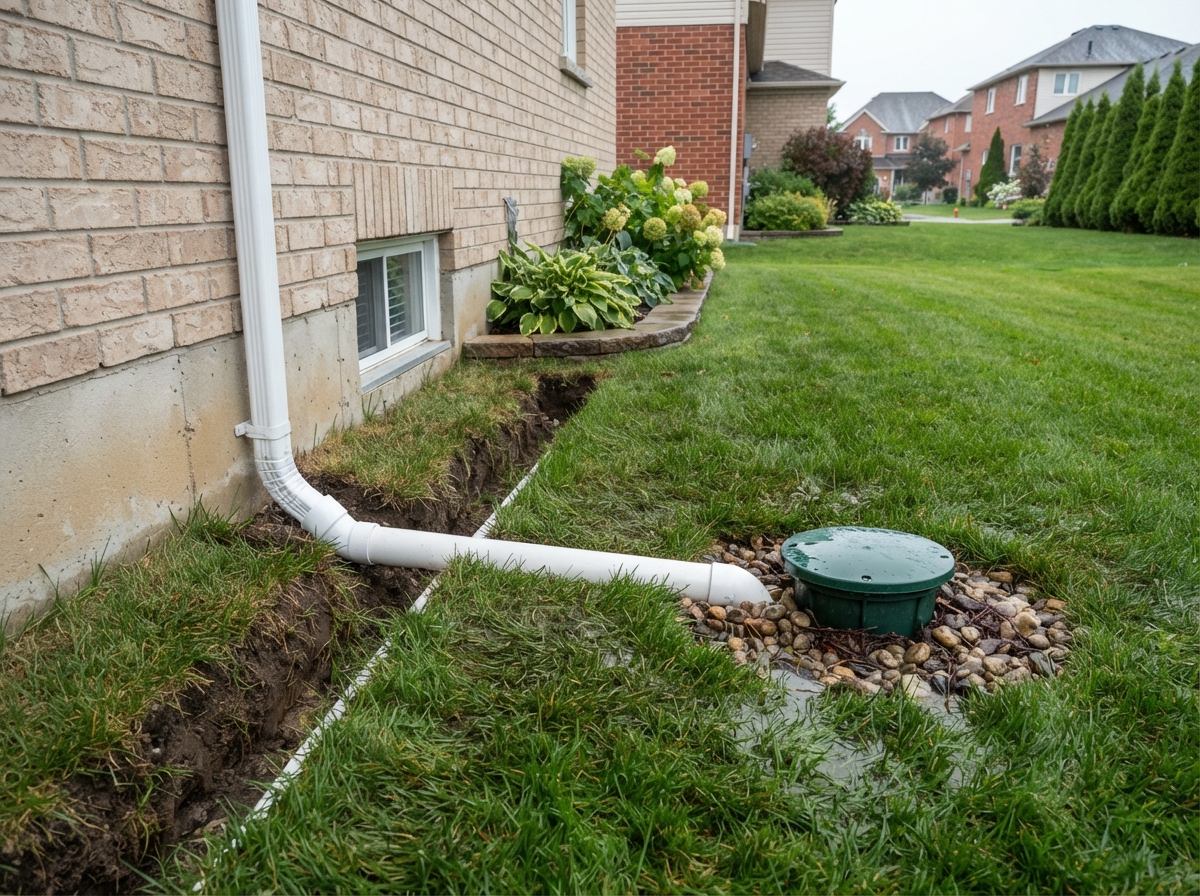 Buried downspout discharge line routed away from foundation