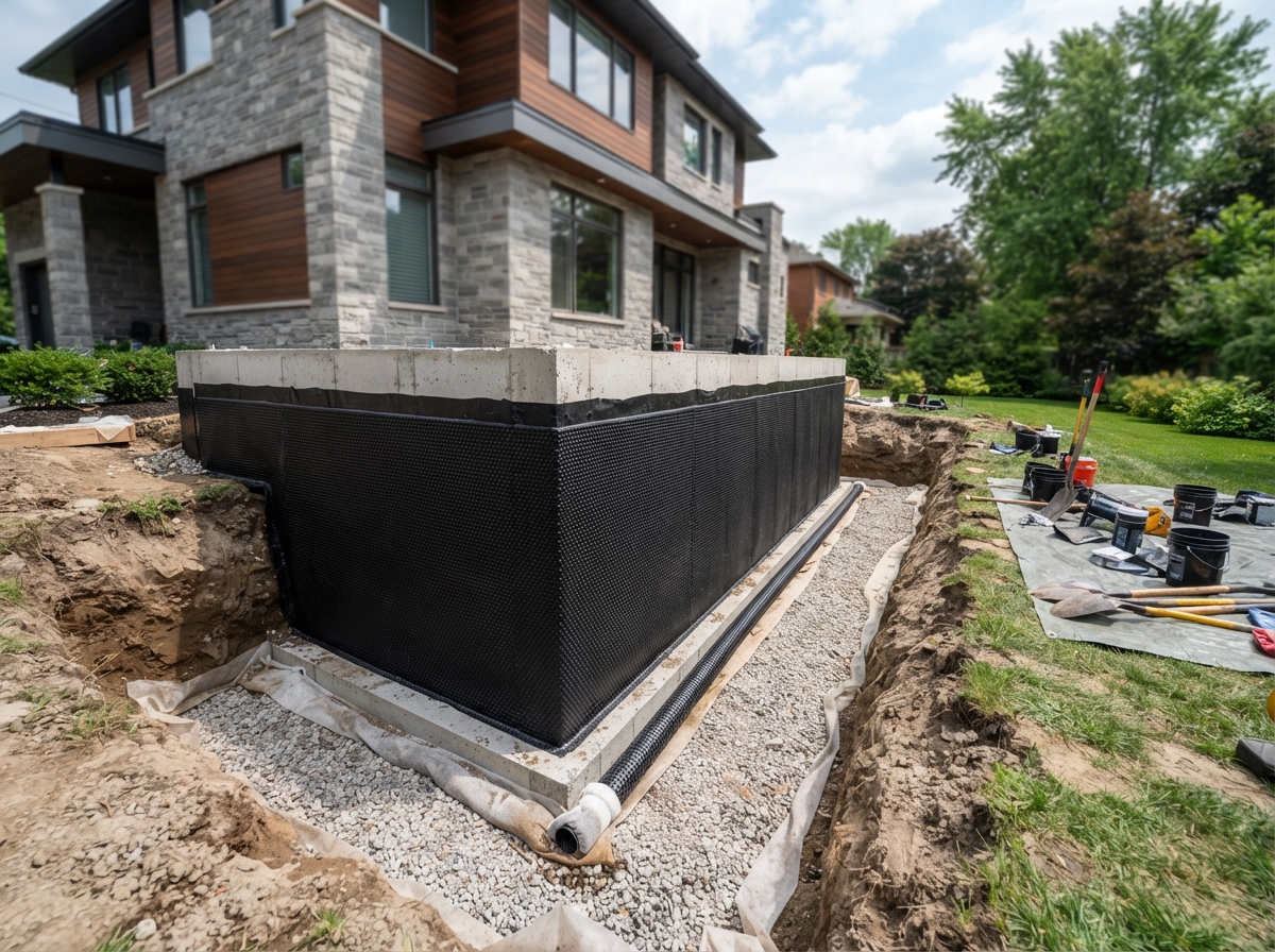 Exterior foundation waterproofing with membrane applied to excavated foundation wall