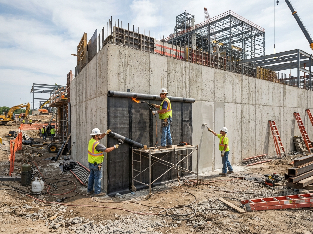 Commercial foundation waterproofing membrane installation on industrial building