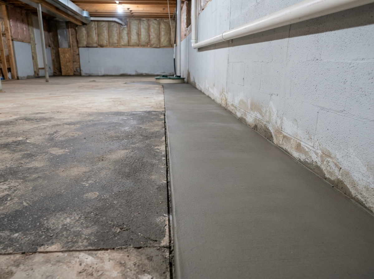 Fresh concrete floor restoration along basement perimeter