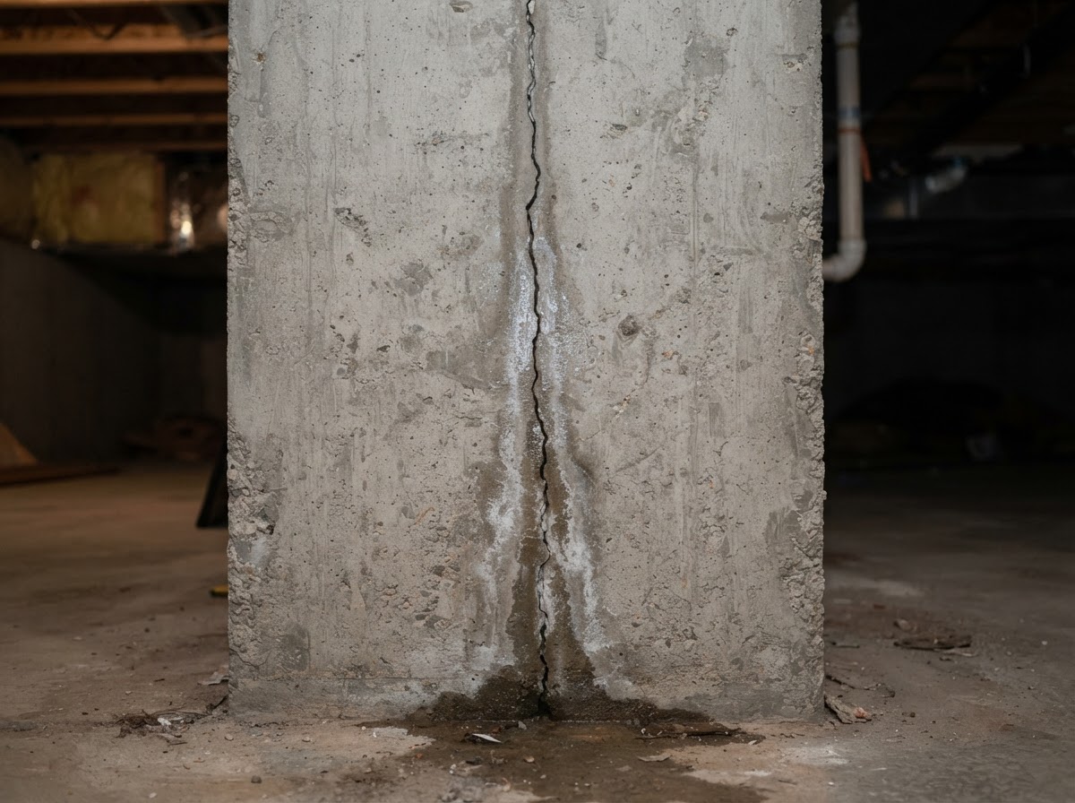 Vertical crack in a poured concrete basement foundation wall