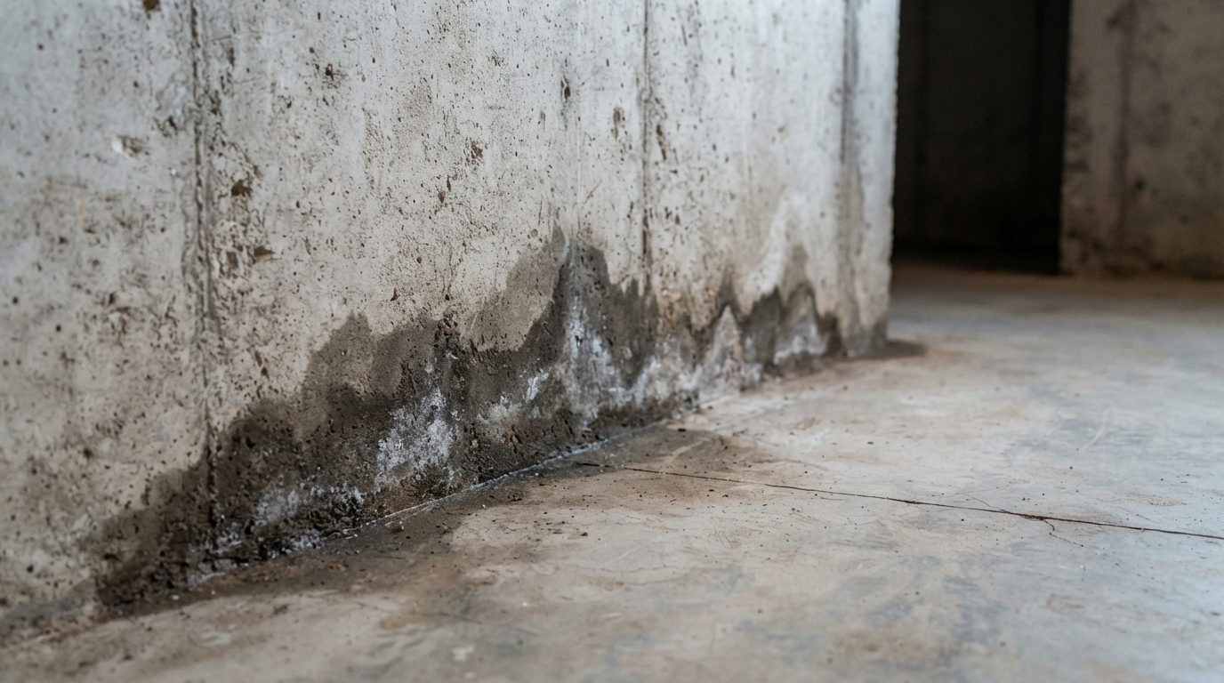 Mild moisture staining near bottom of concrete basement wall