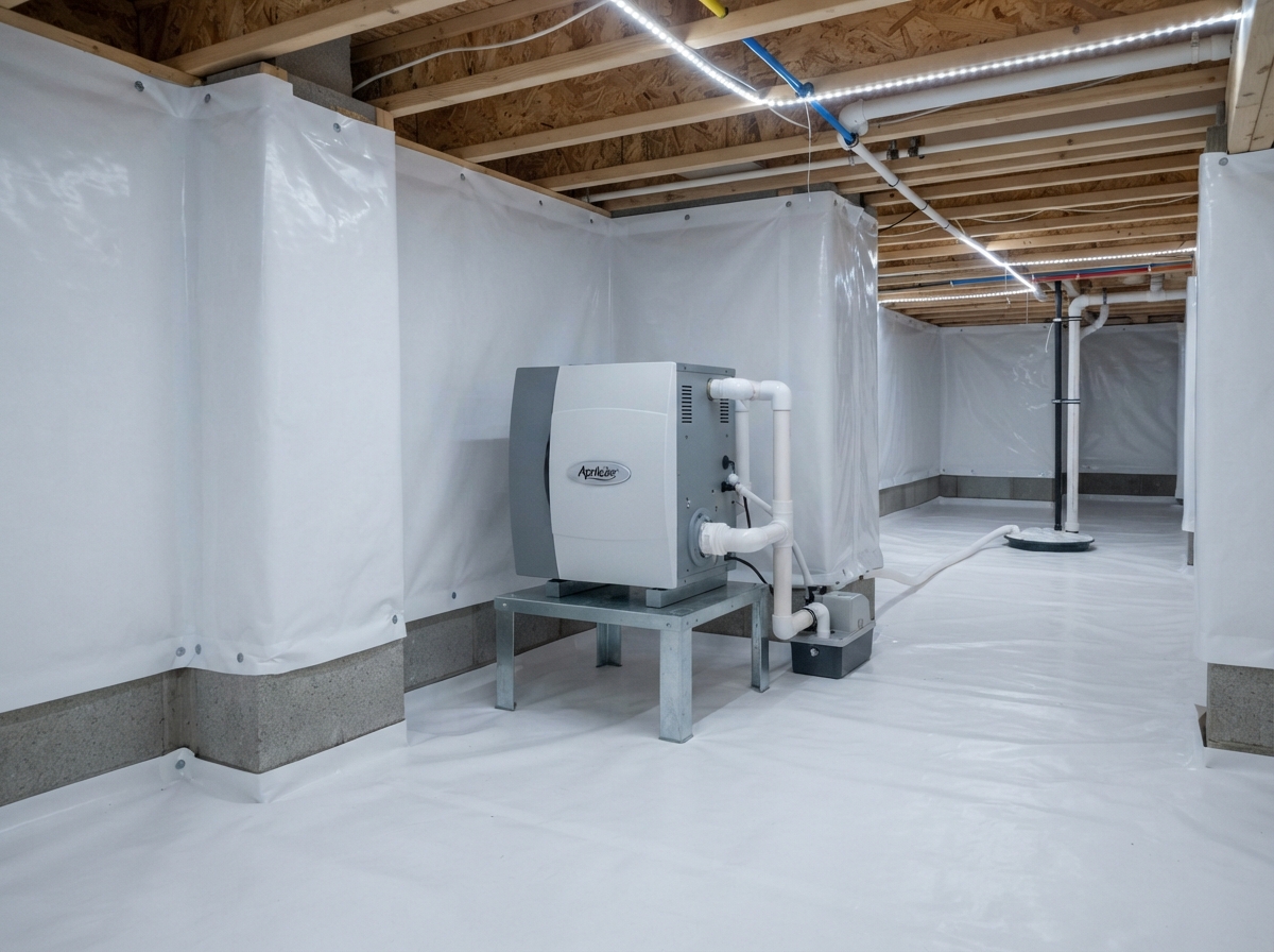 Dehumidifier installed in an encapsulated crawl space