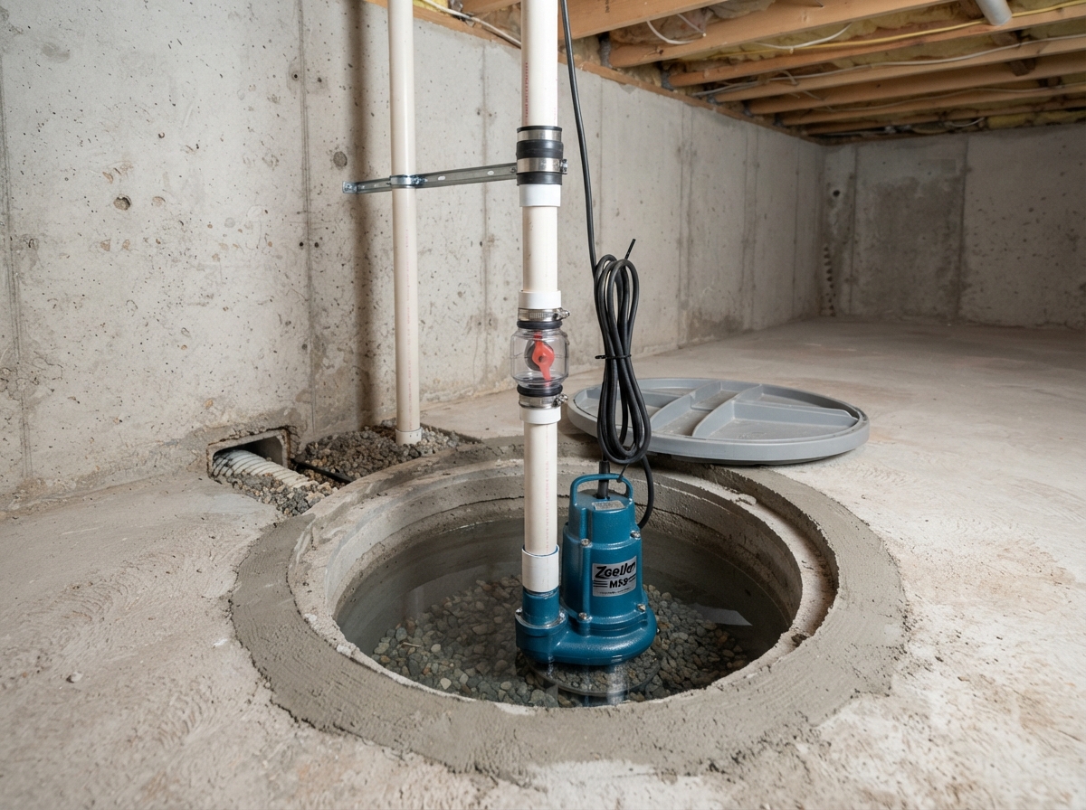 Commercial sump pump system in a below-grade pit