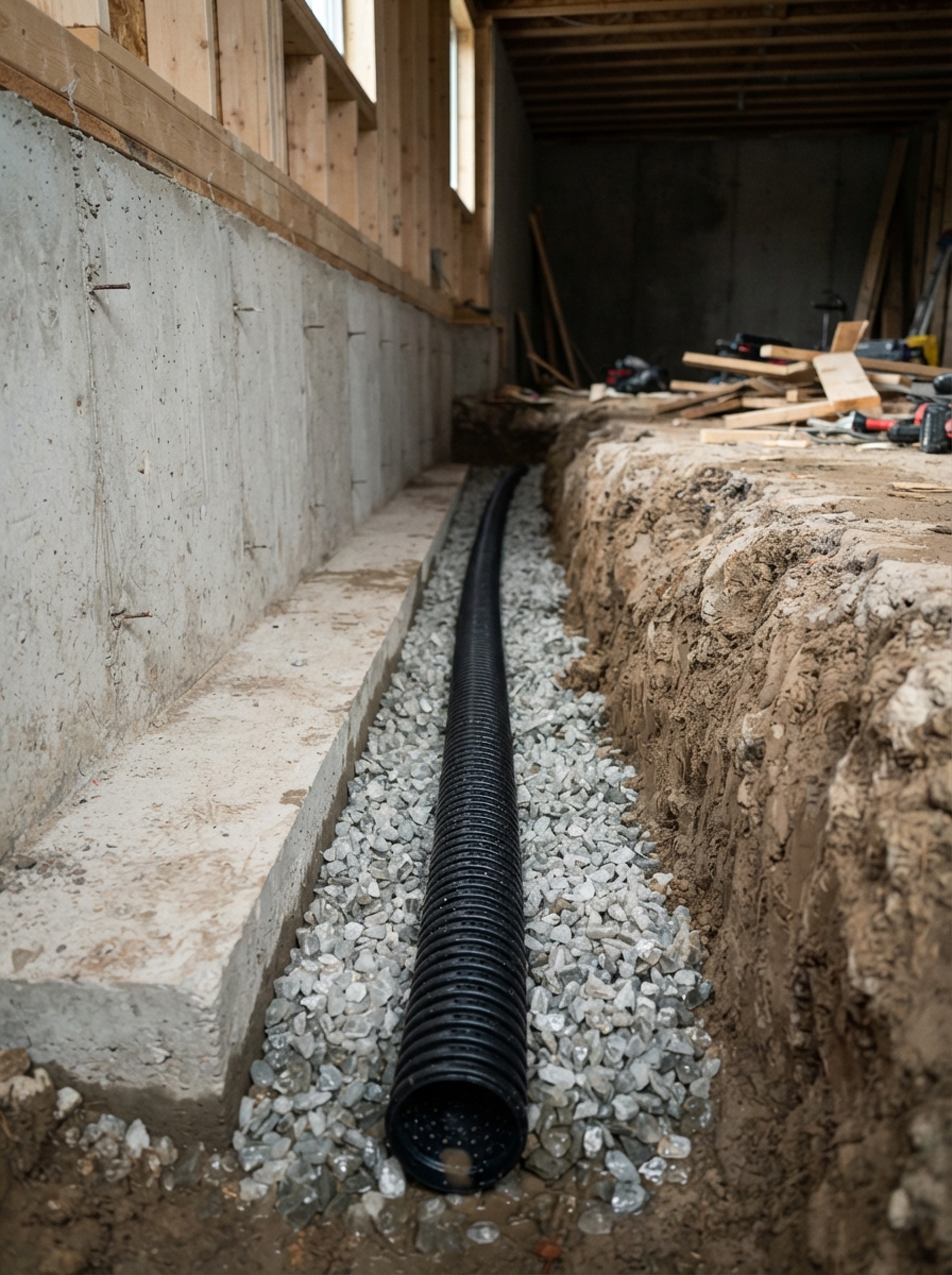 Weeping tile drainage pipe installation along foundation footing