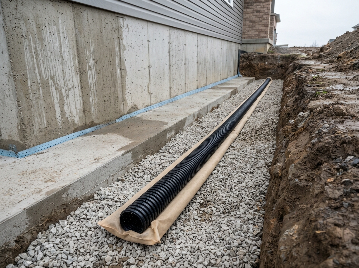 New perforated weeping tile pipe in gravel bed along footing