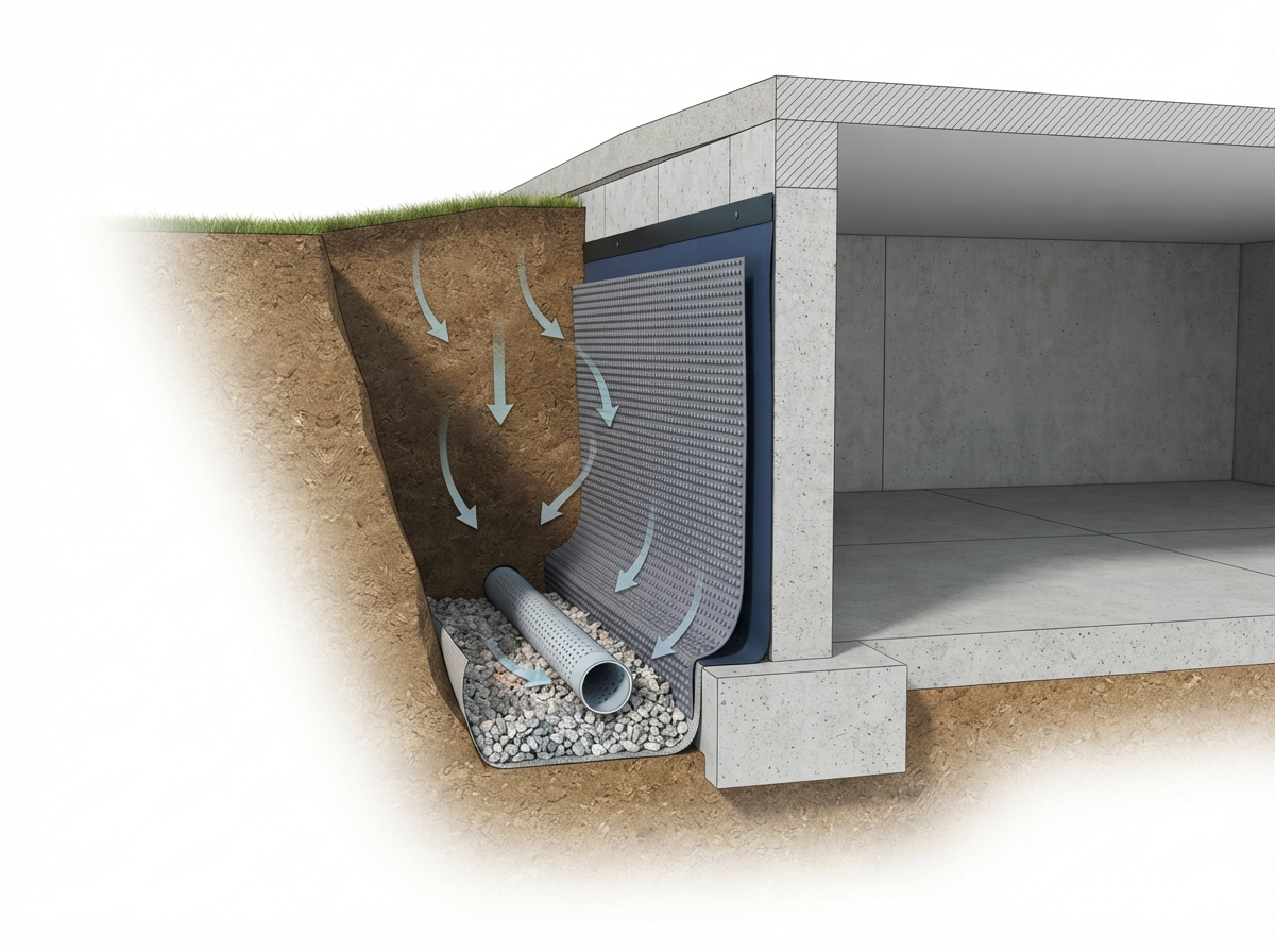 Basics of exterior foundation waterproofing diagram showing foundation wall, waterproof membrane, weeping tile, and drainage stone