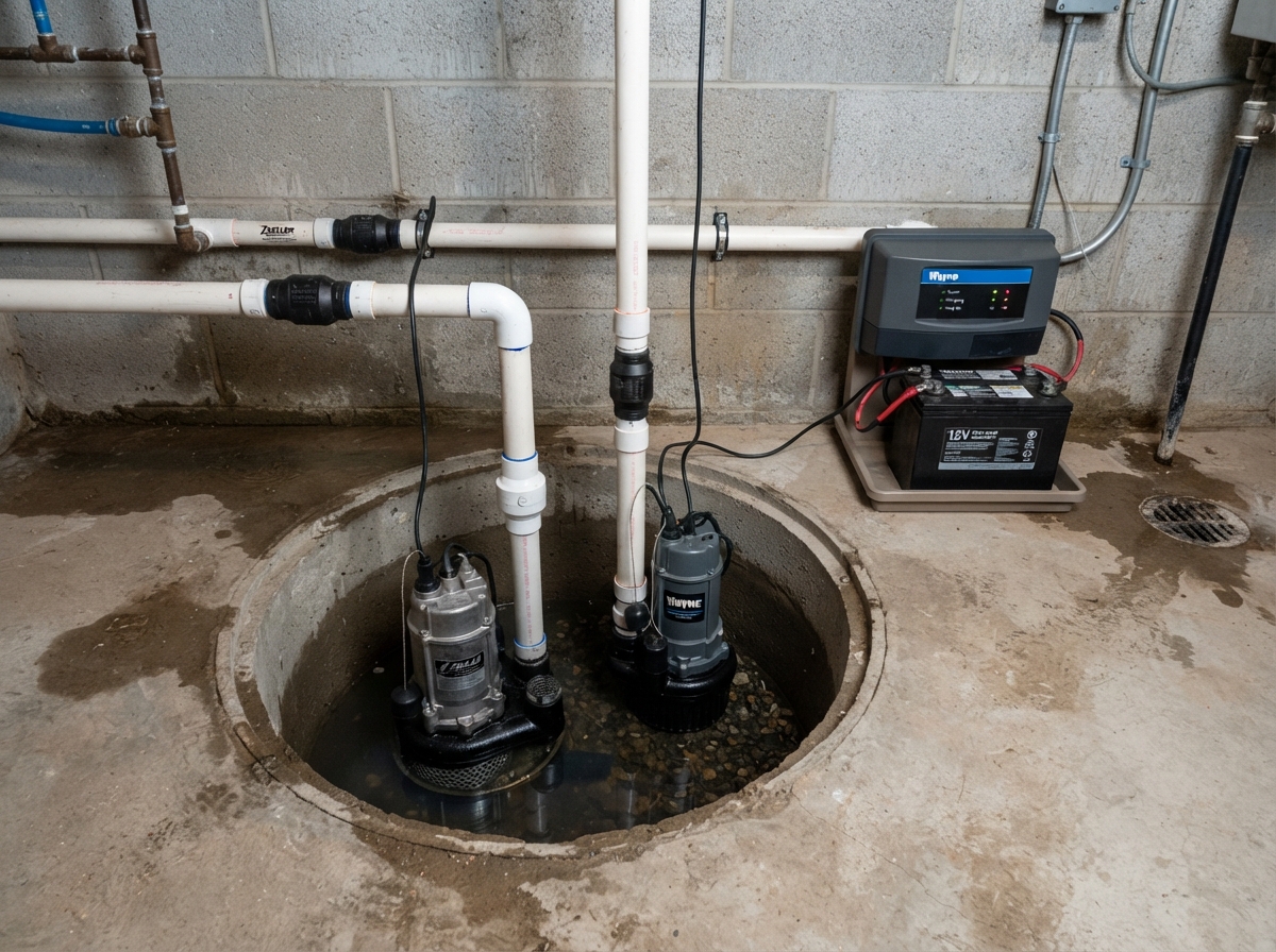 Battery backup sump pump system installed beside primary pump