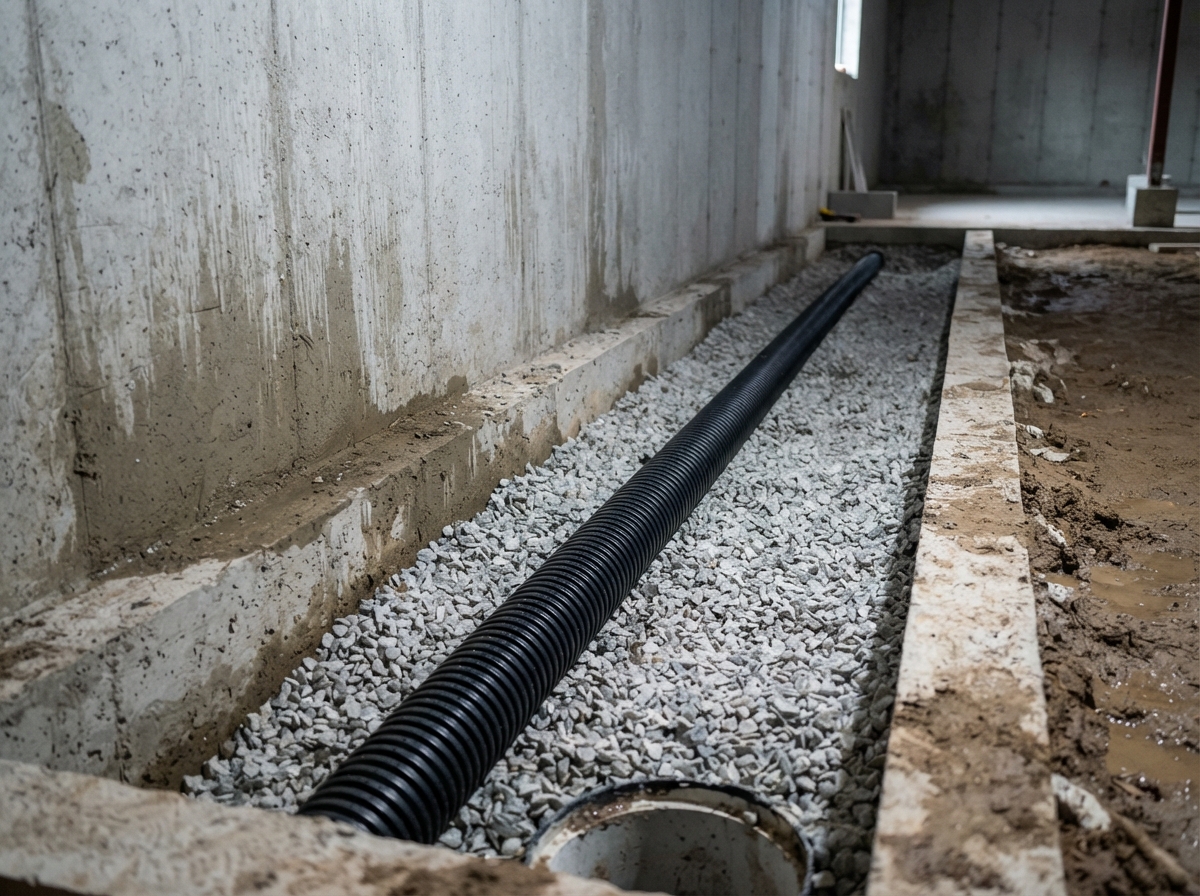 Interior perimeter drainage channel installed along basement footing