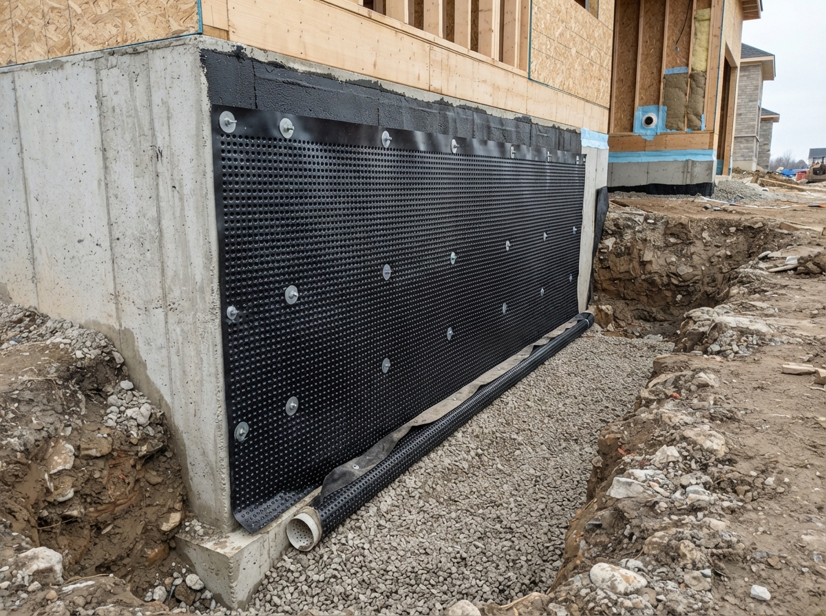 Dimpled drainage board membrane on exterior foundation wall