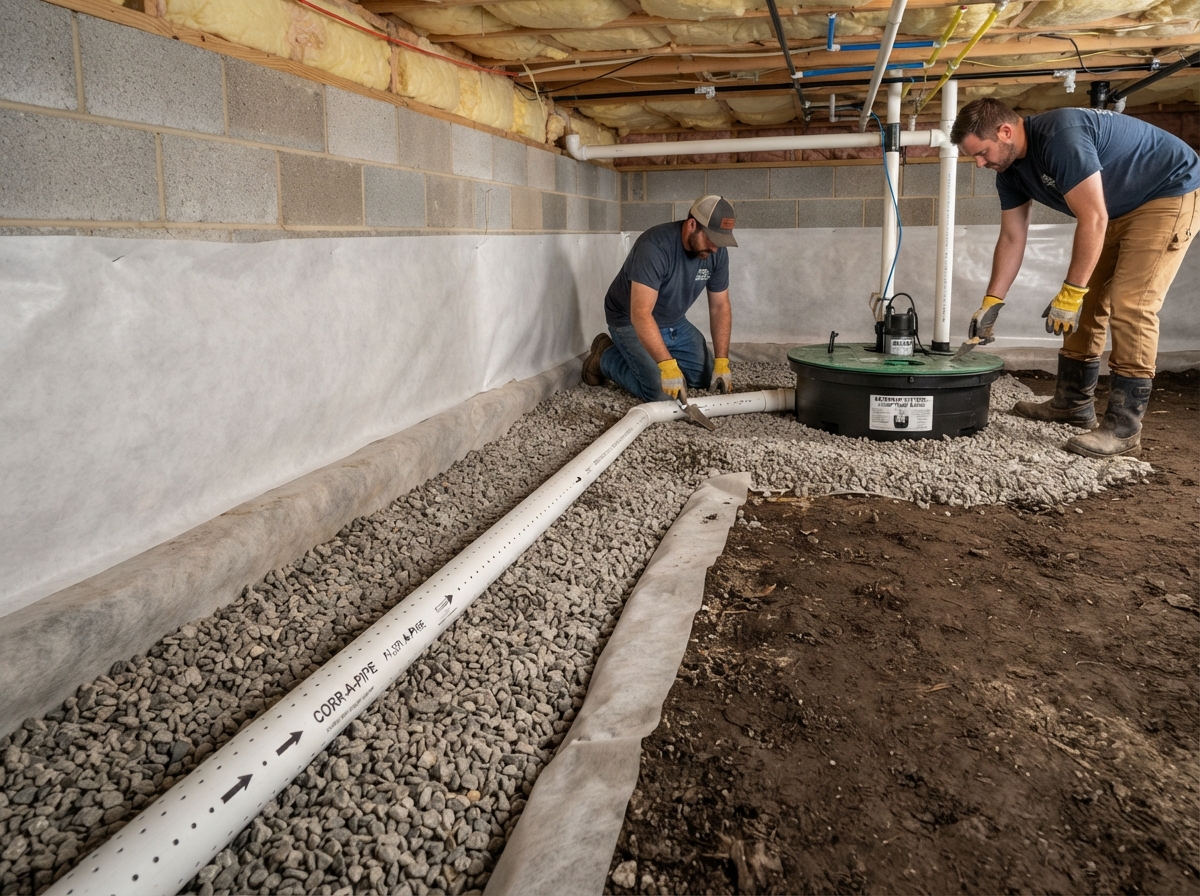 Perimeter drainage and sump pump in a crawl space