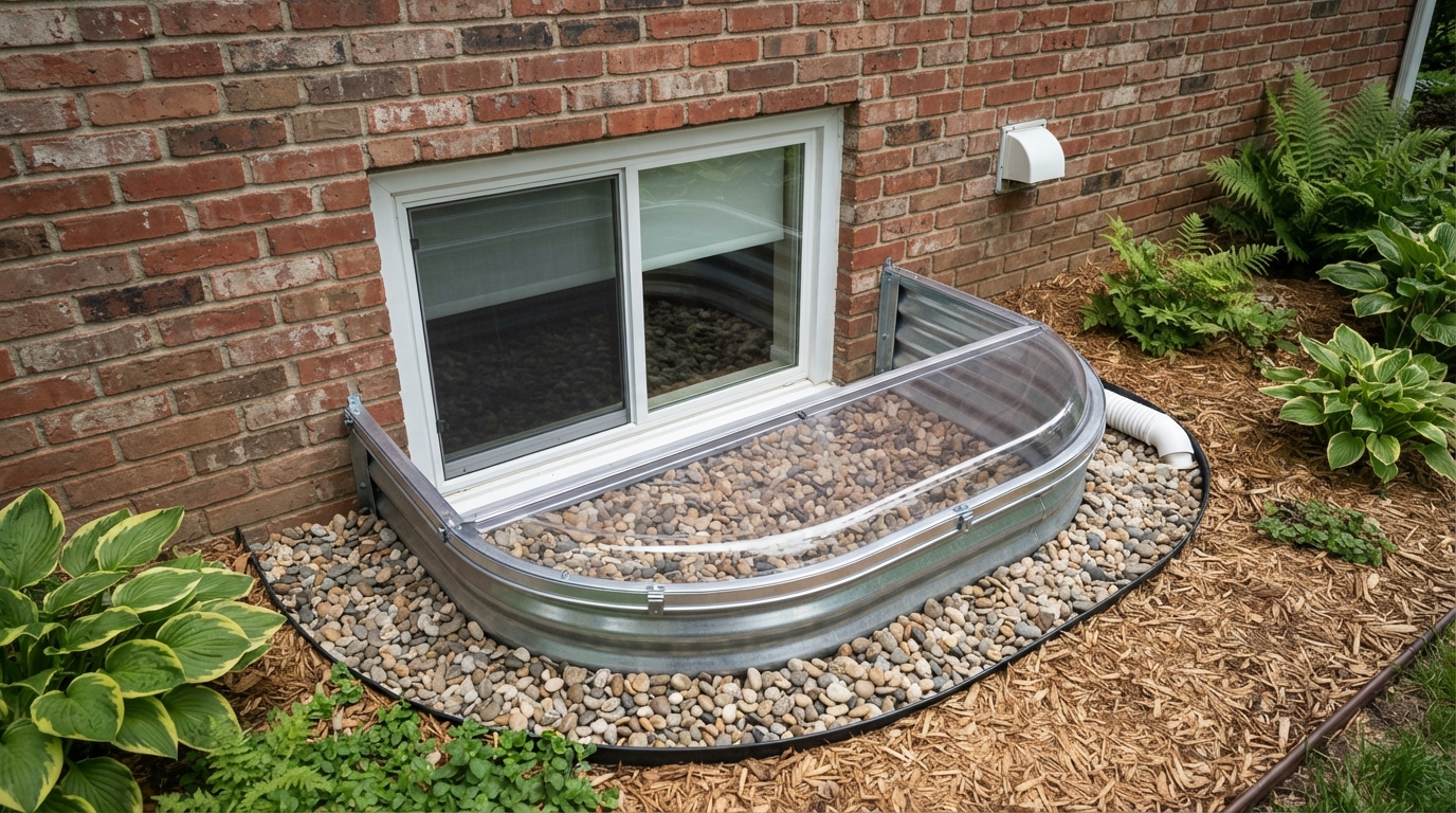 Window well installation with clear cover and gravel drainage