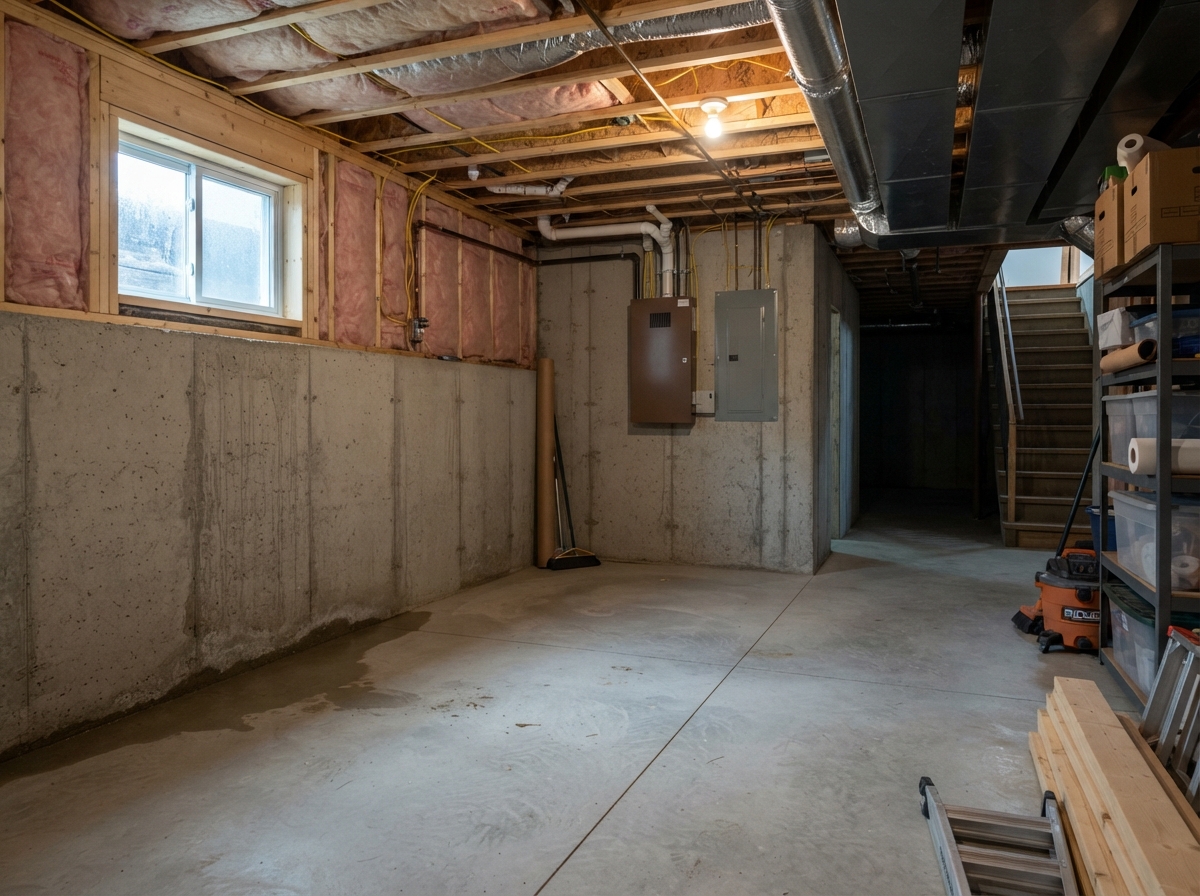 Damp unfinished basement interior showing humidity signs