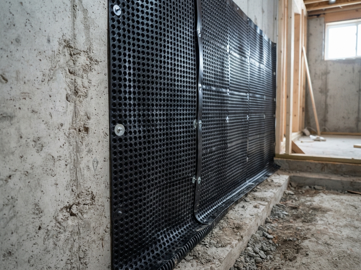 Dimpled waterproofing membrane applied to interior foundation wall
