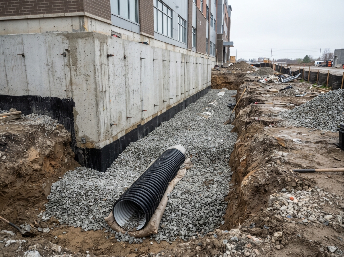 Industrial below-grade drainage installation around commercial foundation
