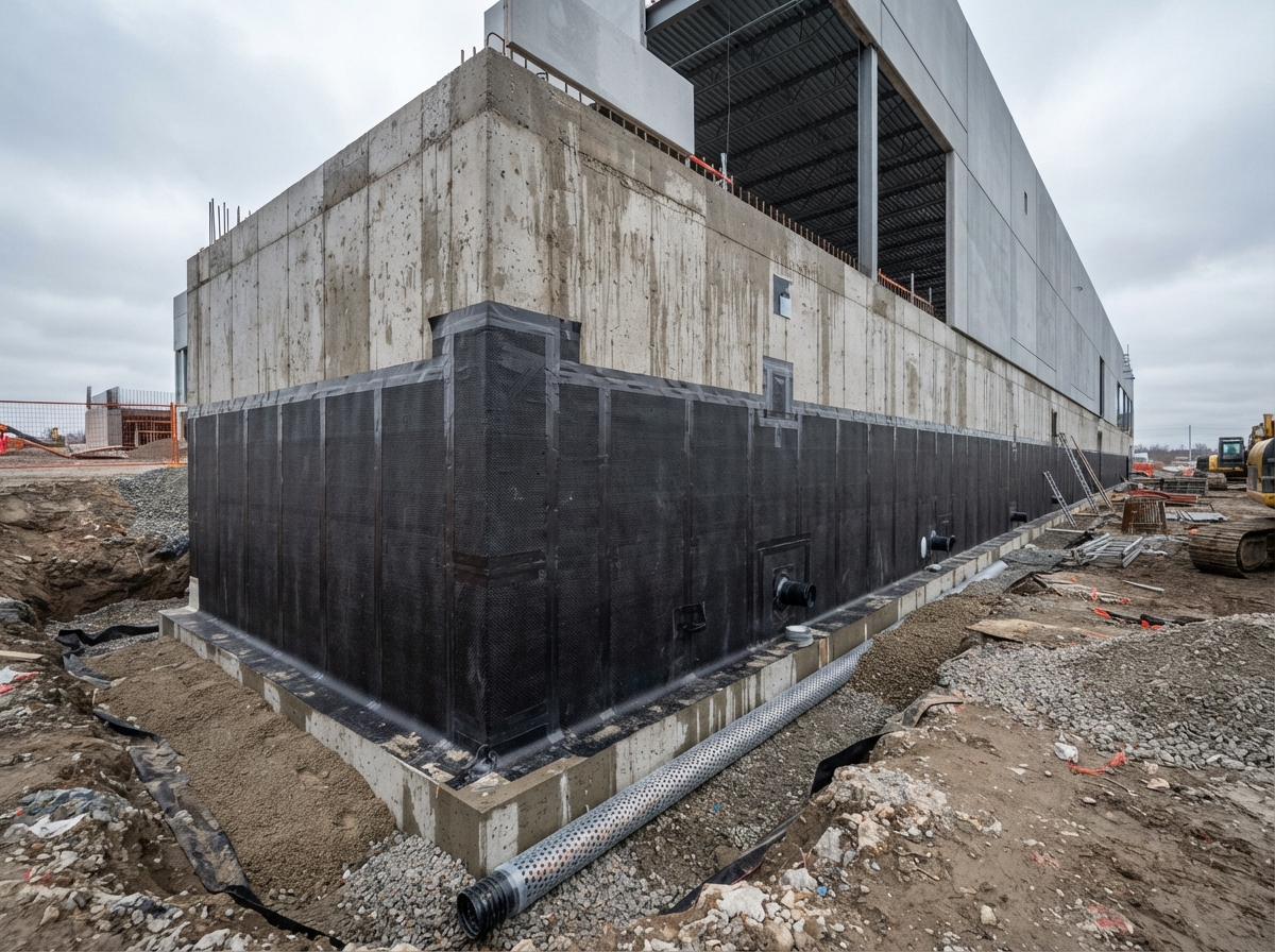 Waterproofing membrane applied to commercial building foundation wall