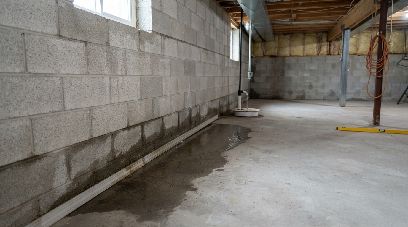 Residential basement showing water entering along perimeter after rainfall