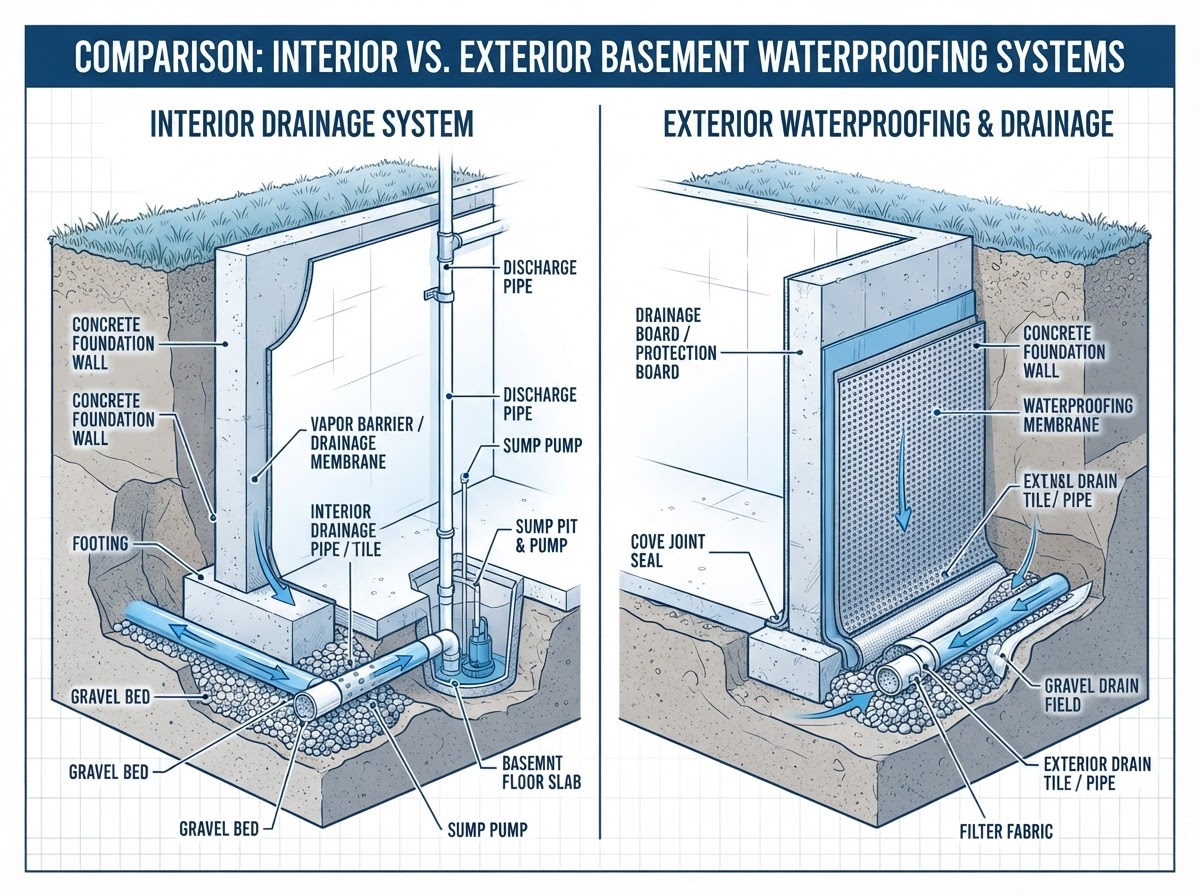 Cutaway diagram comparing interior and exterior basement waterproofing systems