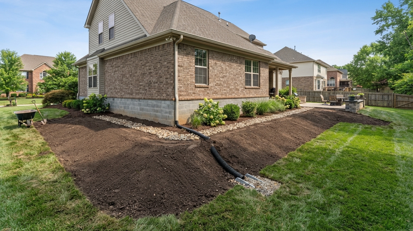 Lawn re-grading sloped away from home foundation wall