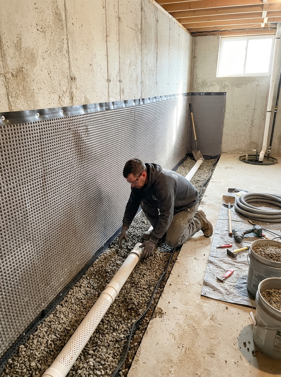 Basement waterproofing interior drainage system installation