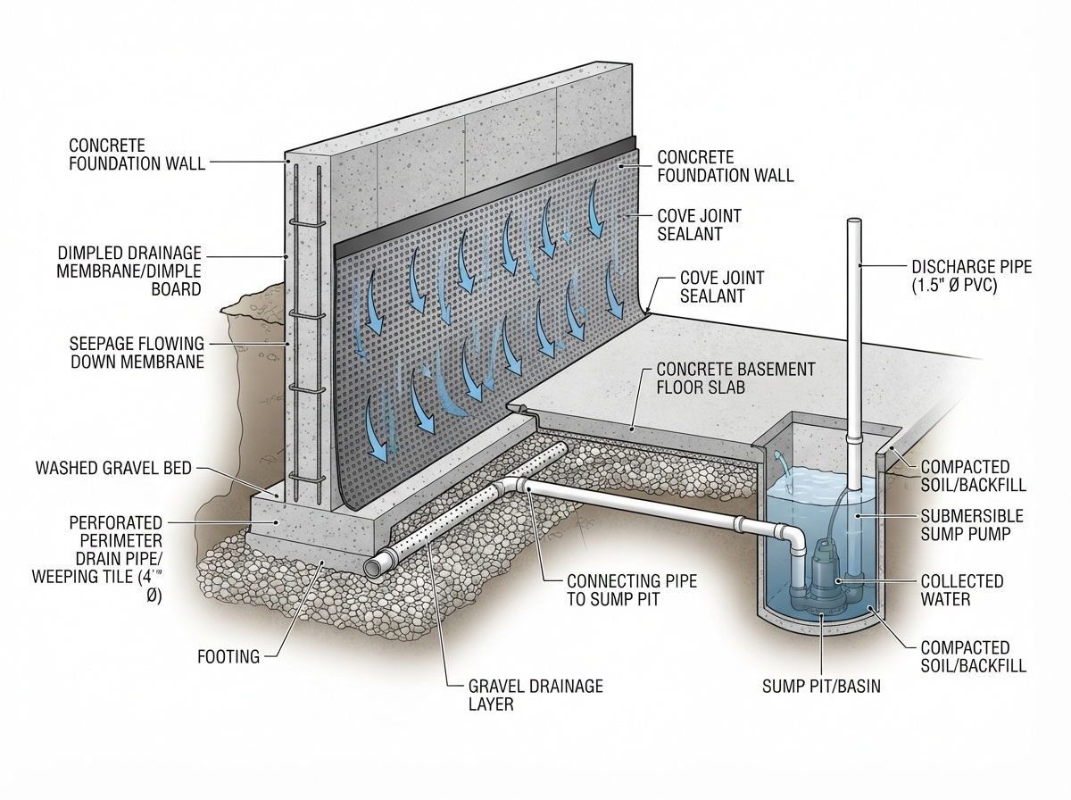 Interior basement waterproofing system cutaway diagram showing wall membrane, perimeter drainage channel, sump pit and water flow direction