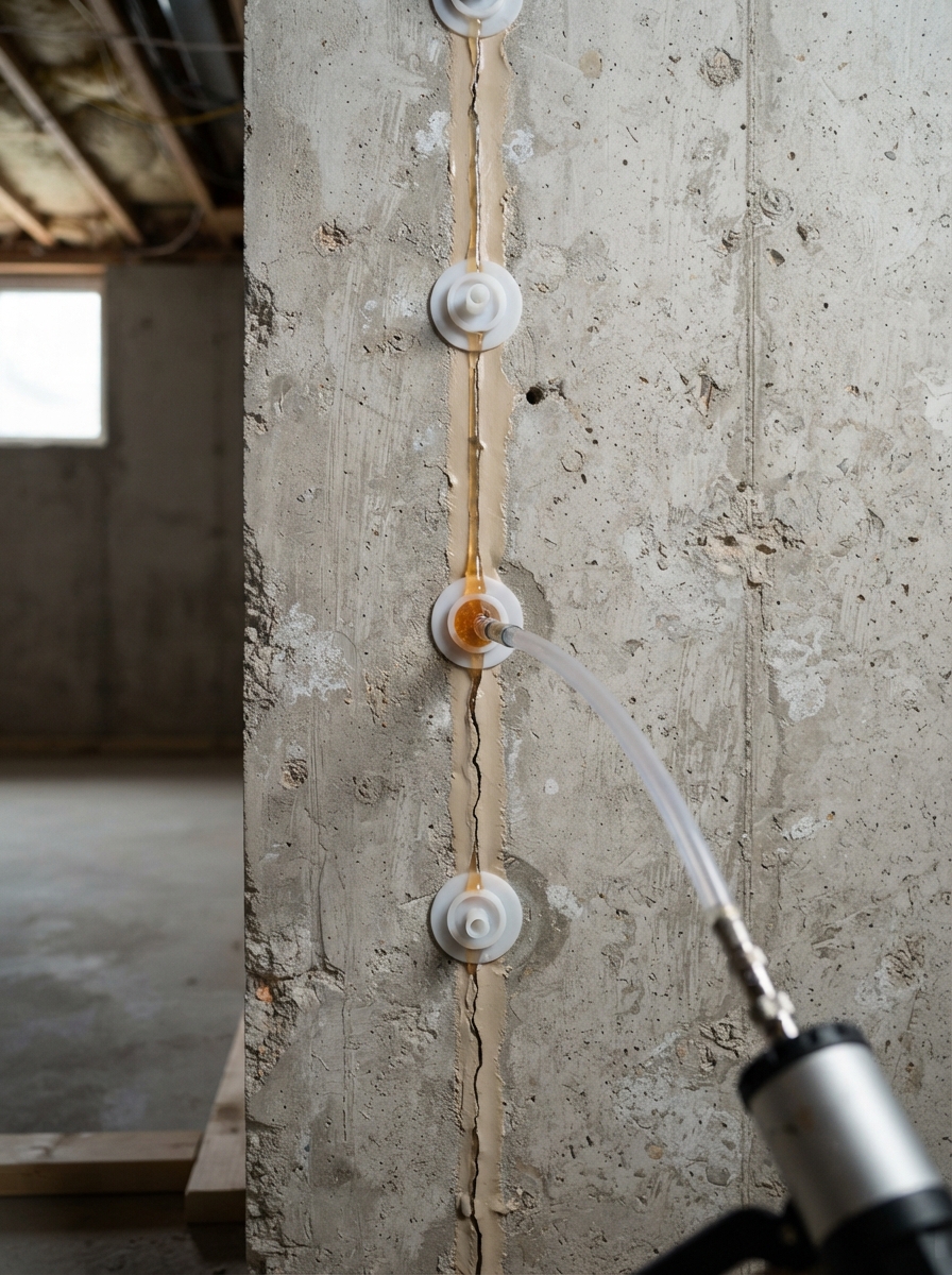 Epoxy crack injection repair on poured concrete basement wall