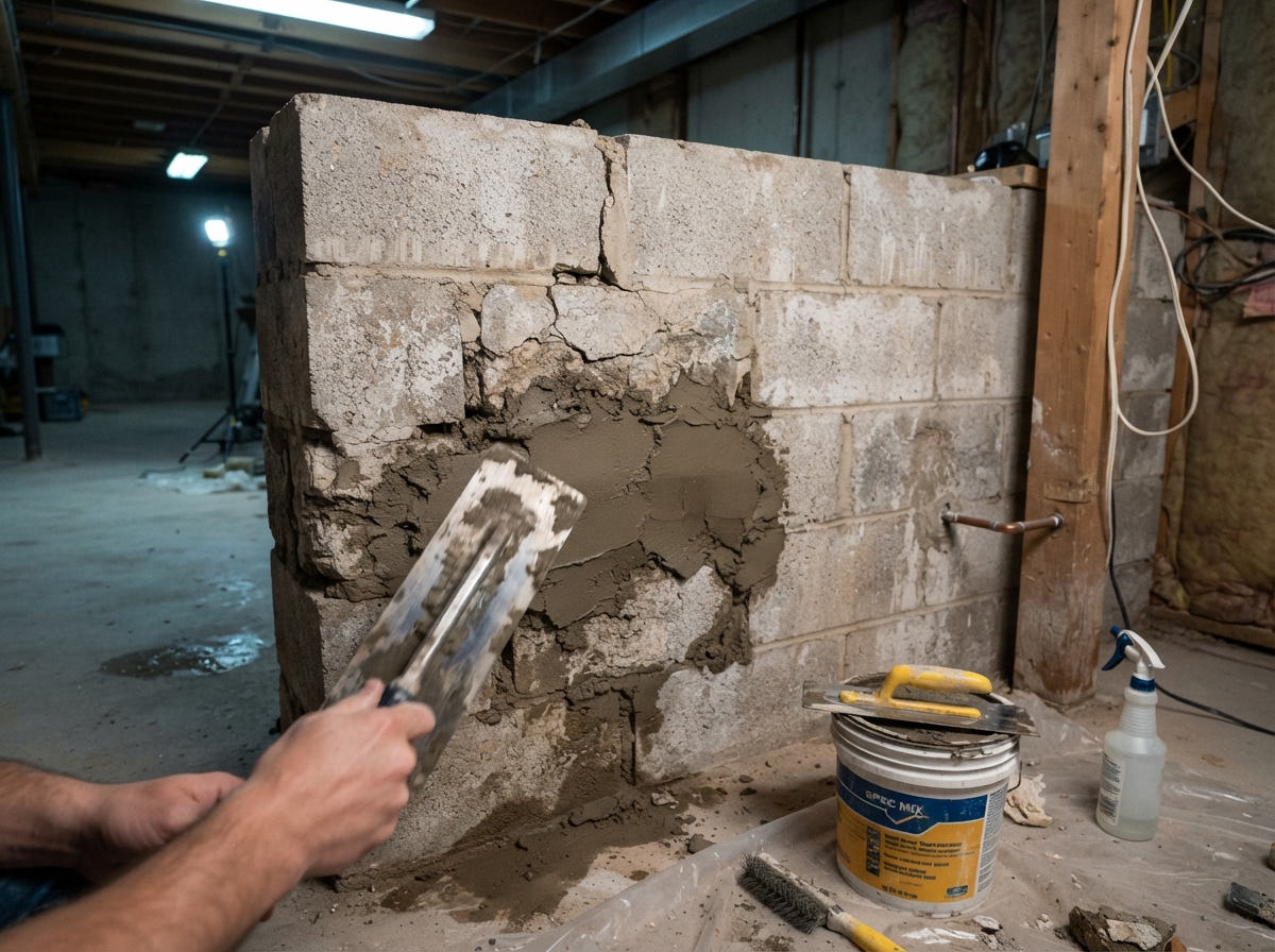 Concrete block foundation wall being repaired with mortar