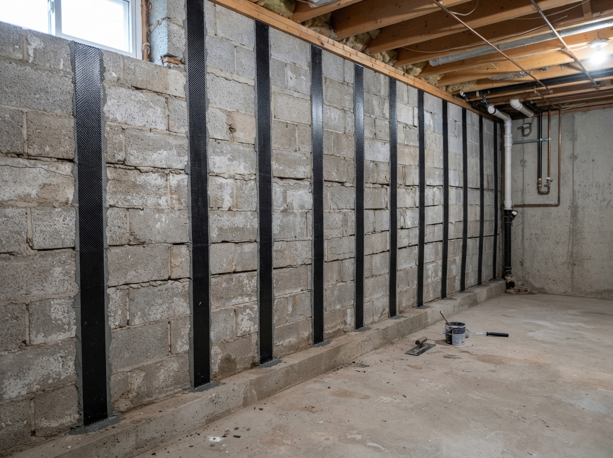 Carbon fiber reinforcement straps on a bowed basement wall