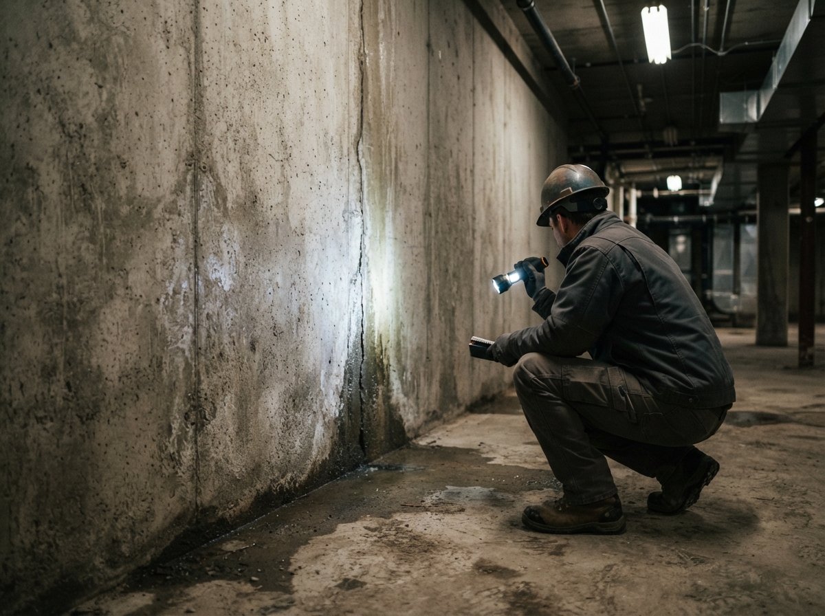 Technician inspecting a commercial basement foundation wall for water infiltration