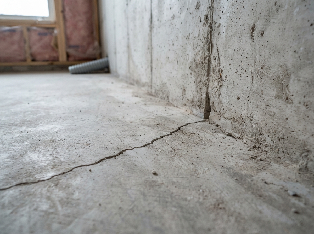 Crack in concrete basement floor near foundation wall