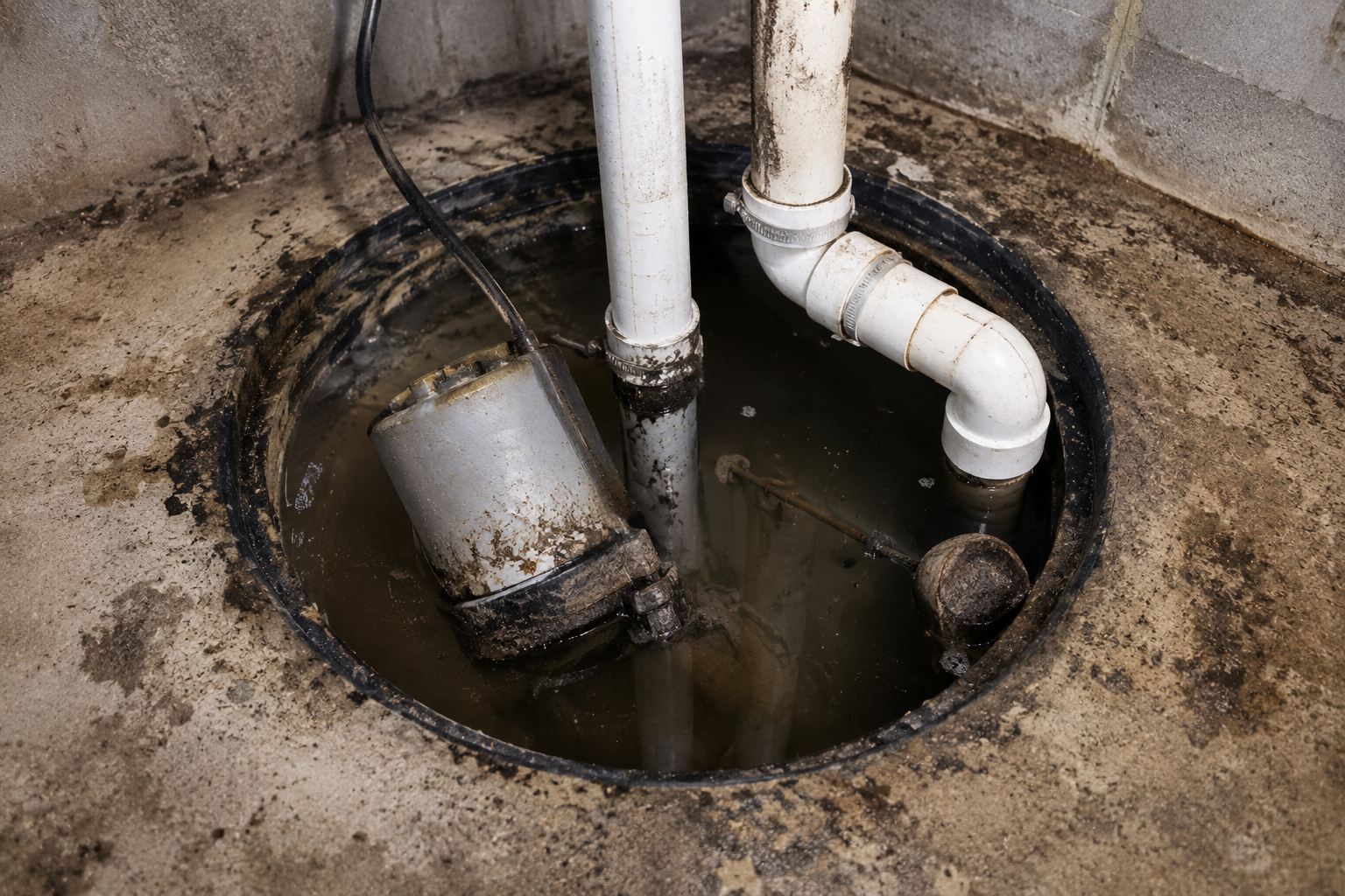 Failing corroded basement sump pump needing replacement inside pit
