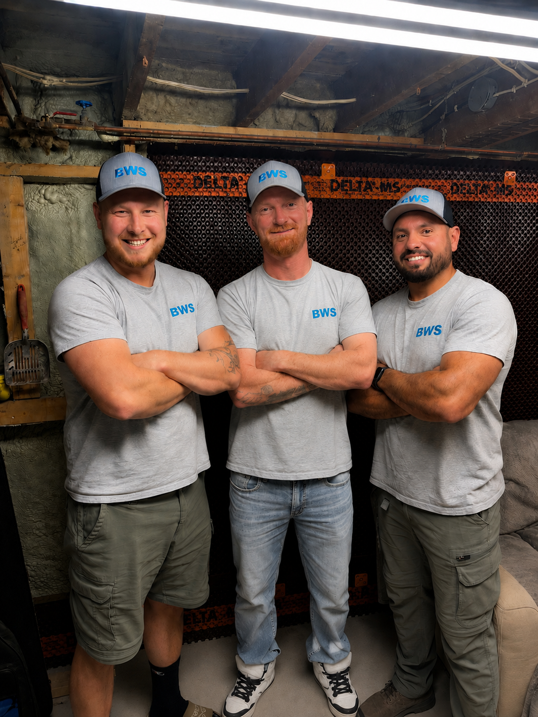 BWS Basement Water Solutions team members standing in front of waterproofing dimple membrane
