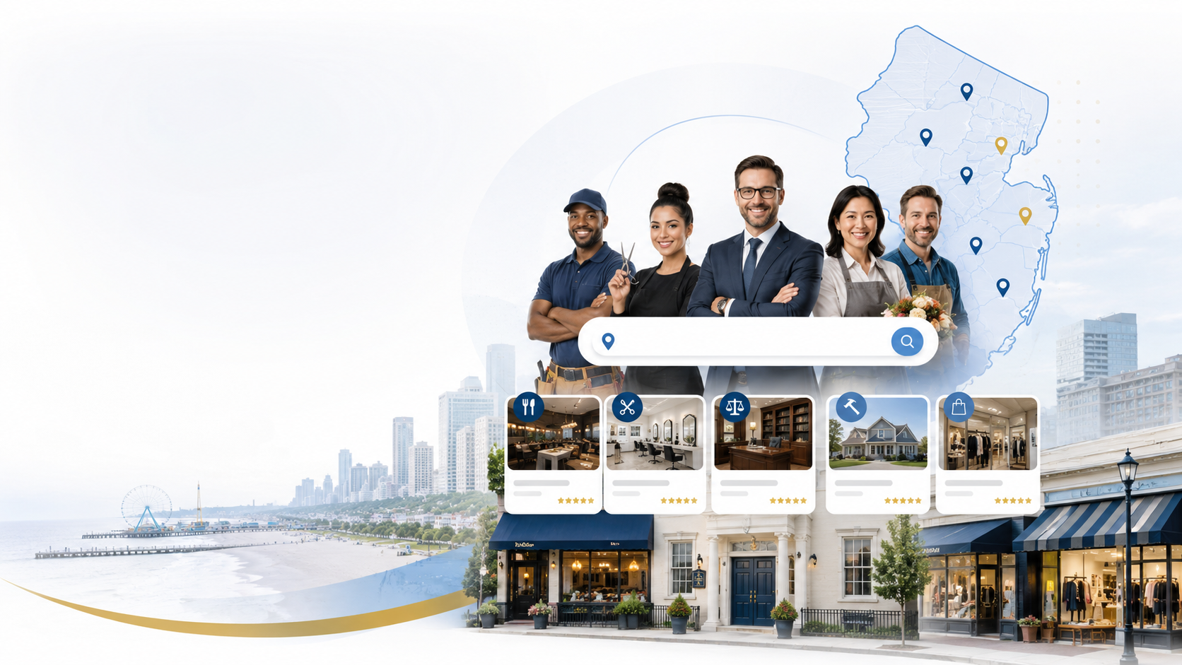 NJ Business Directory local business owners, New Jersey map graphic, and directory listings showcase