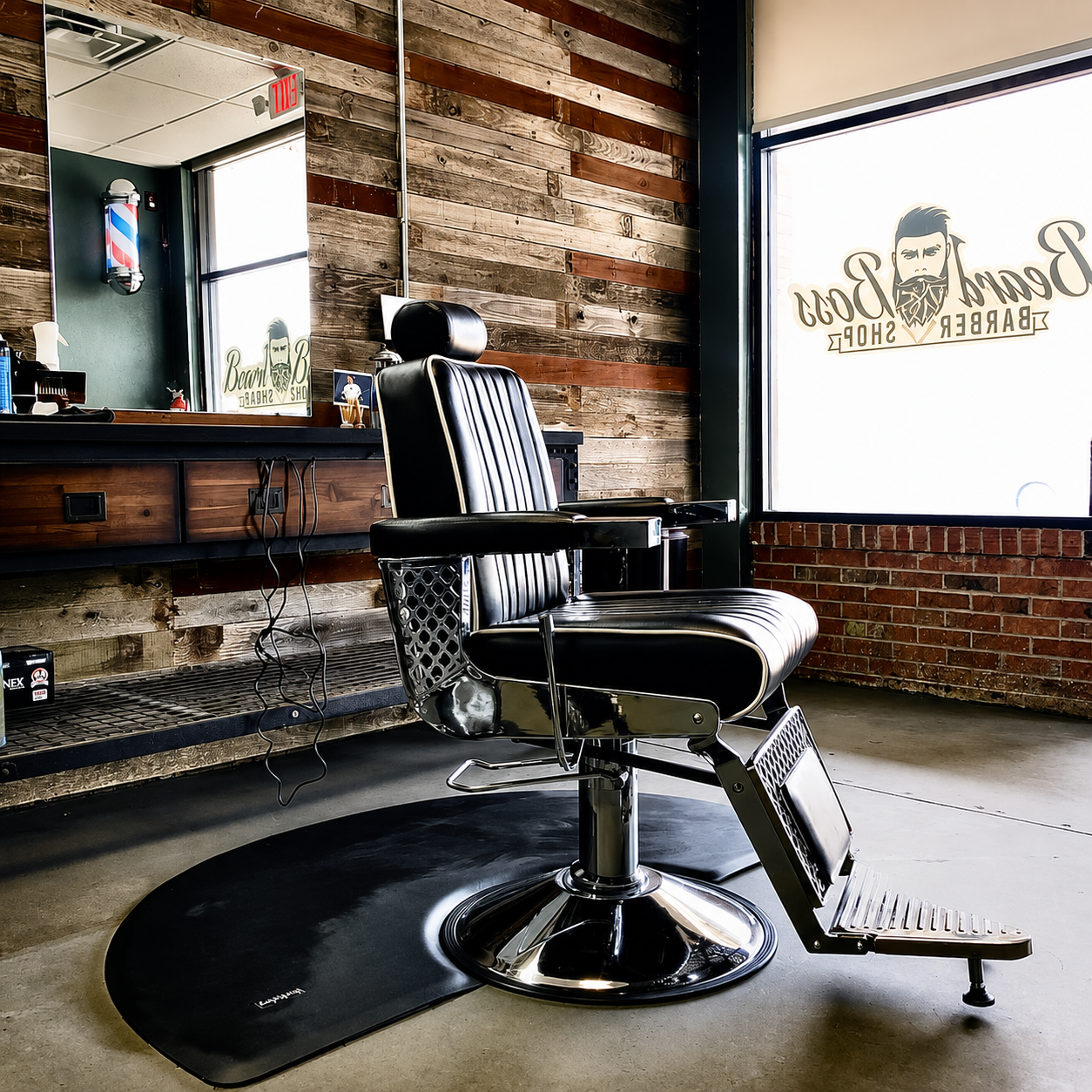 Inside the Beard Boss barbershop — leather chairs and warm lighting